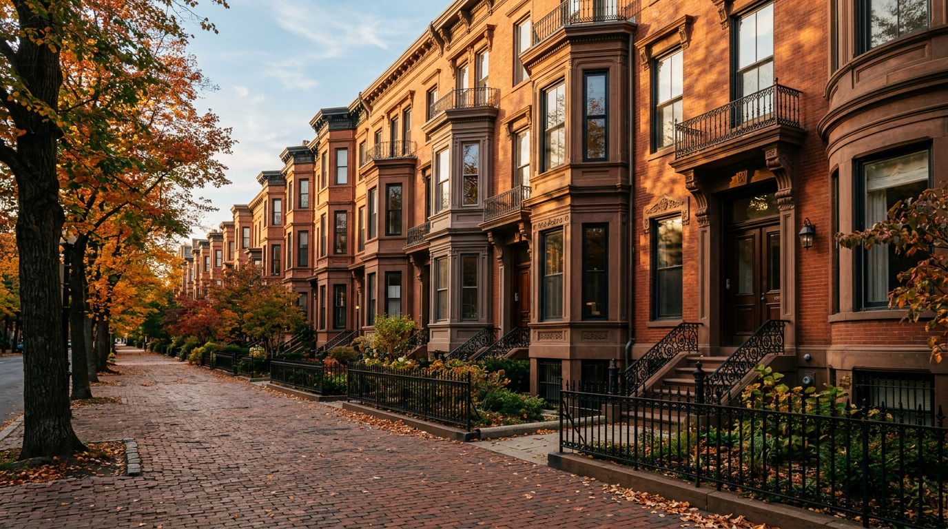 Boston brownstone facades in late afternoon light