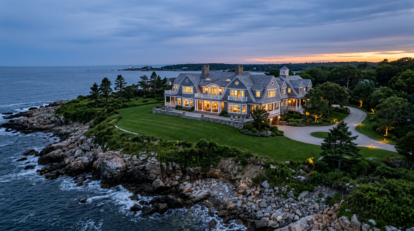 Coastal New England estate north of Boston at dusk