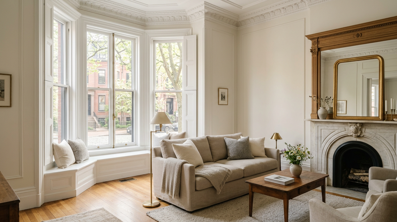 Sunlit parlour of a Boston townhouse