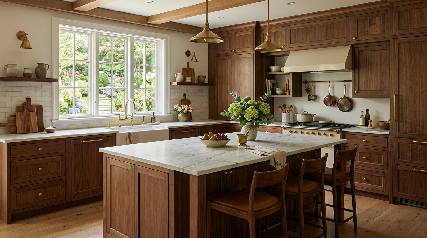 Marble and walnut kitchen in a renovated Boston residence